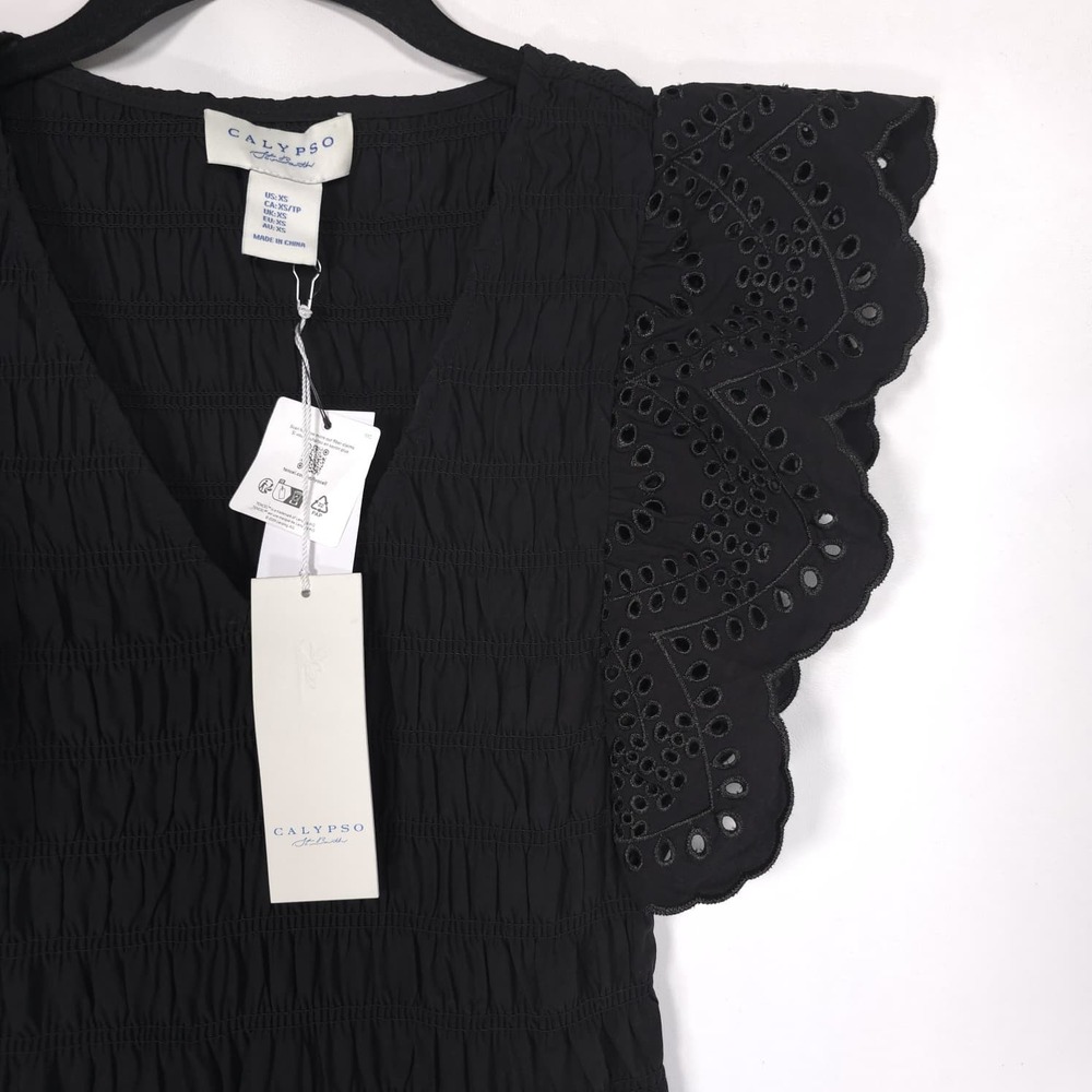 CALYPSO St Barth Womens New Midi Dress XS Boho Eyelet Smocked Flutter Sleeve - Picture 8 of 11